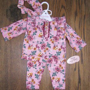 Little Lass Baby Girls 3 piece pink floral outfit